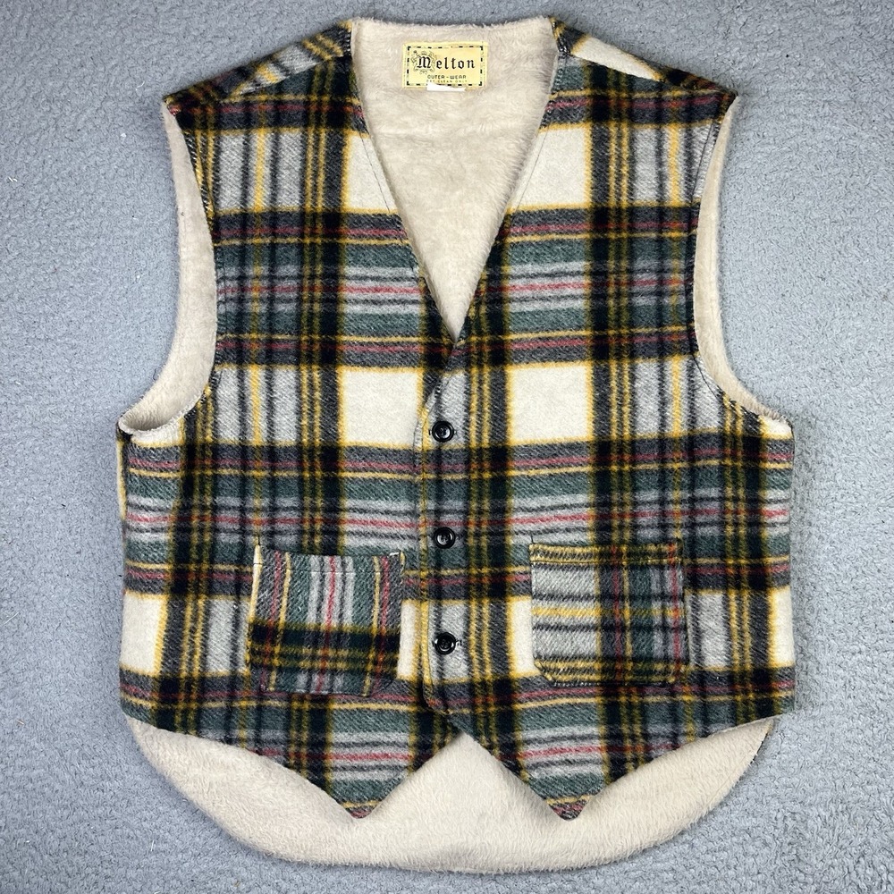 Vintage Melton Plaid Faux Fur Lined Wool Cozy Trucker Vest CLEAN‎ RARE Size XL